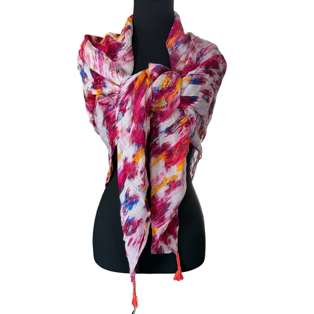 Express Pink Abstract Ikat Print Viscose Linen Blend Tassel Scarf Wrap NWT